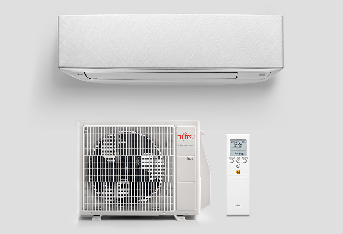 Δείχνει την εσωτερική και την εξωτερική μονάδα και το χειριστήριο